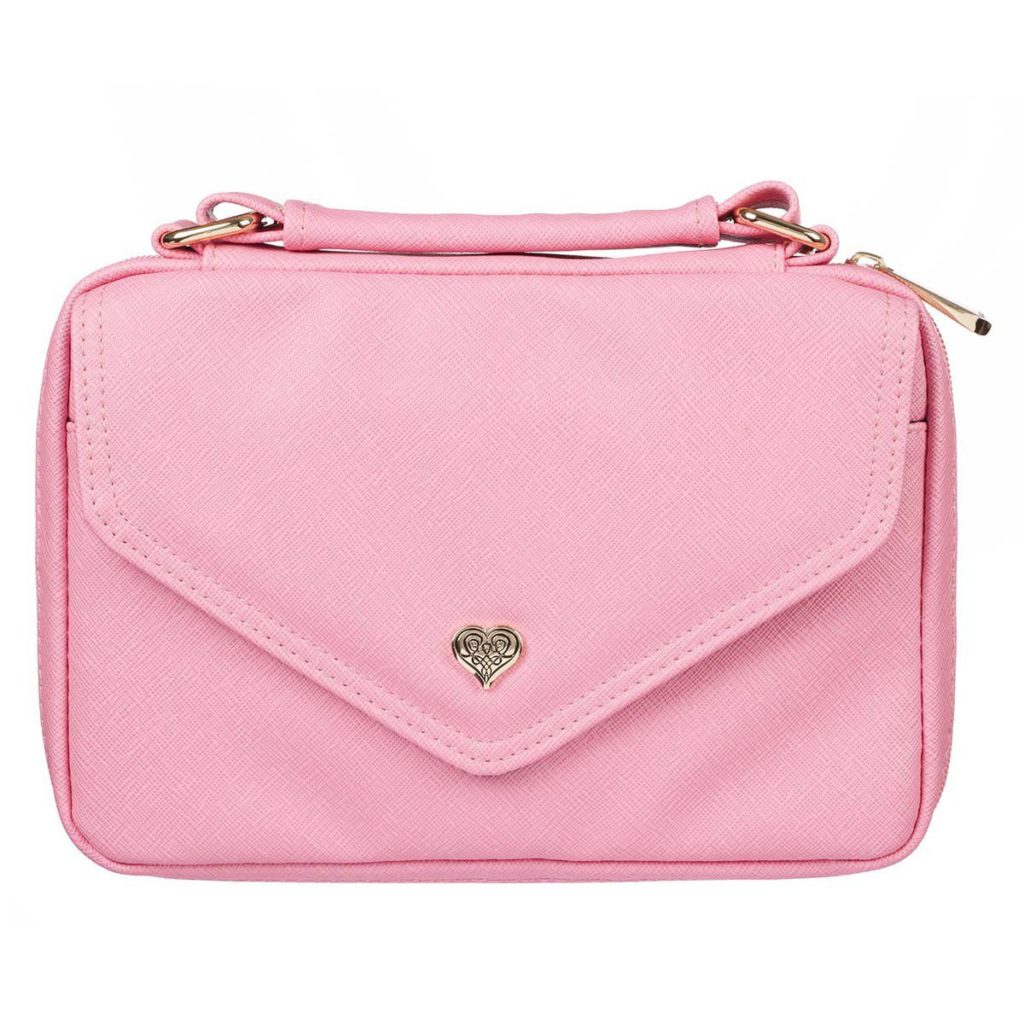 Pink Faux Leather Fashion Bible Cover with Decorative Flap and Metal Heart Badge