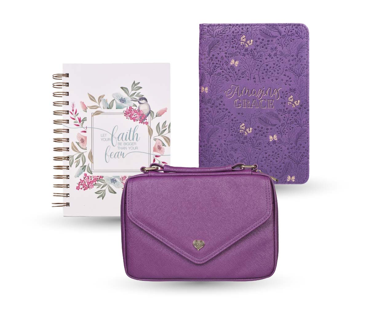 White wirebound journal, purple Bible study kit, and purple Bible cover