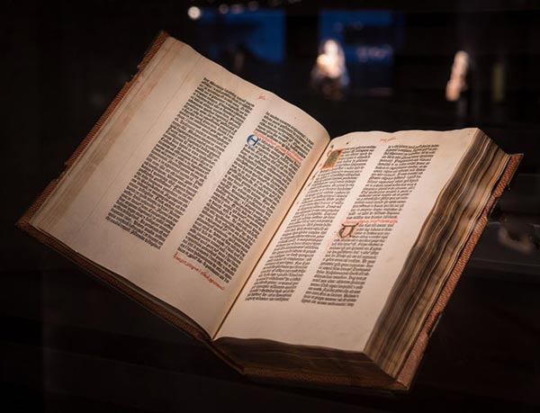Photo of spotlighted Gutenberg Bible